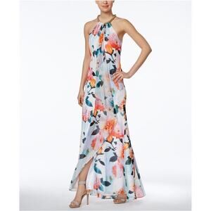 Calvin Klein Chiffon Floral Print Beaded Halter Draped Maxi Dress Glams Party 12